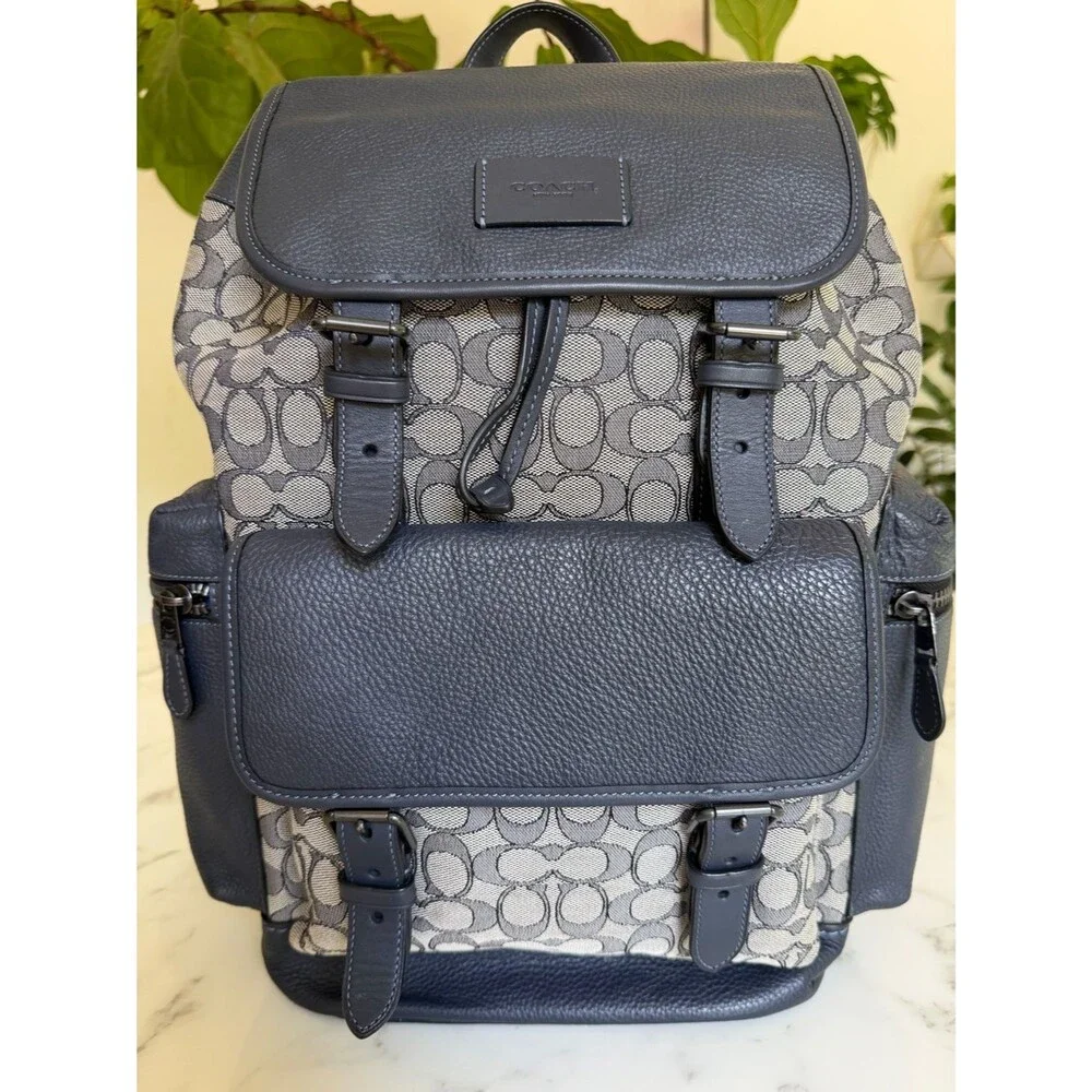Coach Sprint Backpack In Signature Jacquard & Leather Midnight Navy Blue CE523
